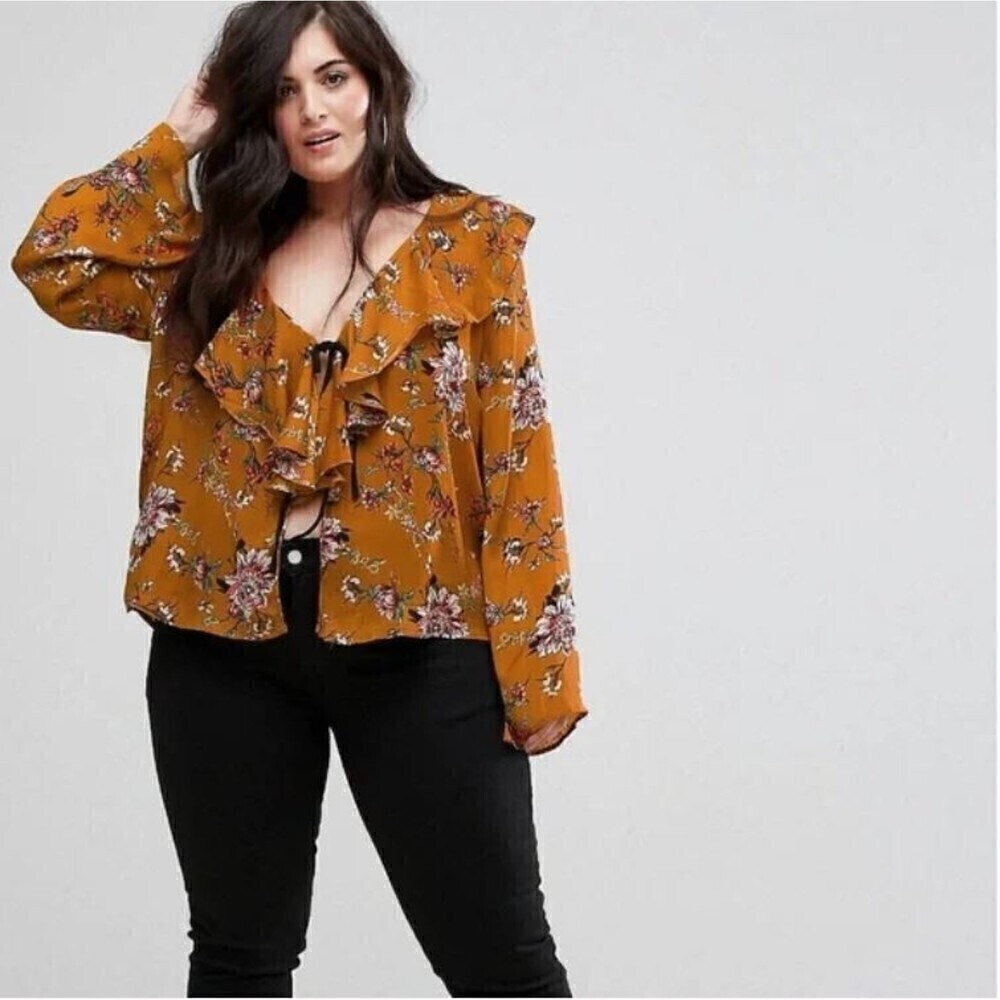 Missguided Ruffle Tie Front Floral Gold Mustard Long Flare Sleeve Blouse Top 4